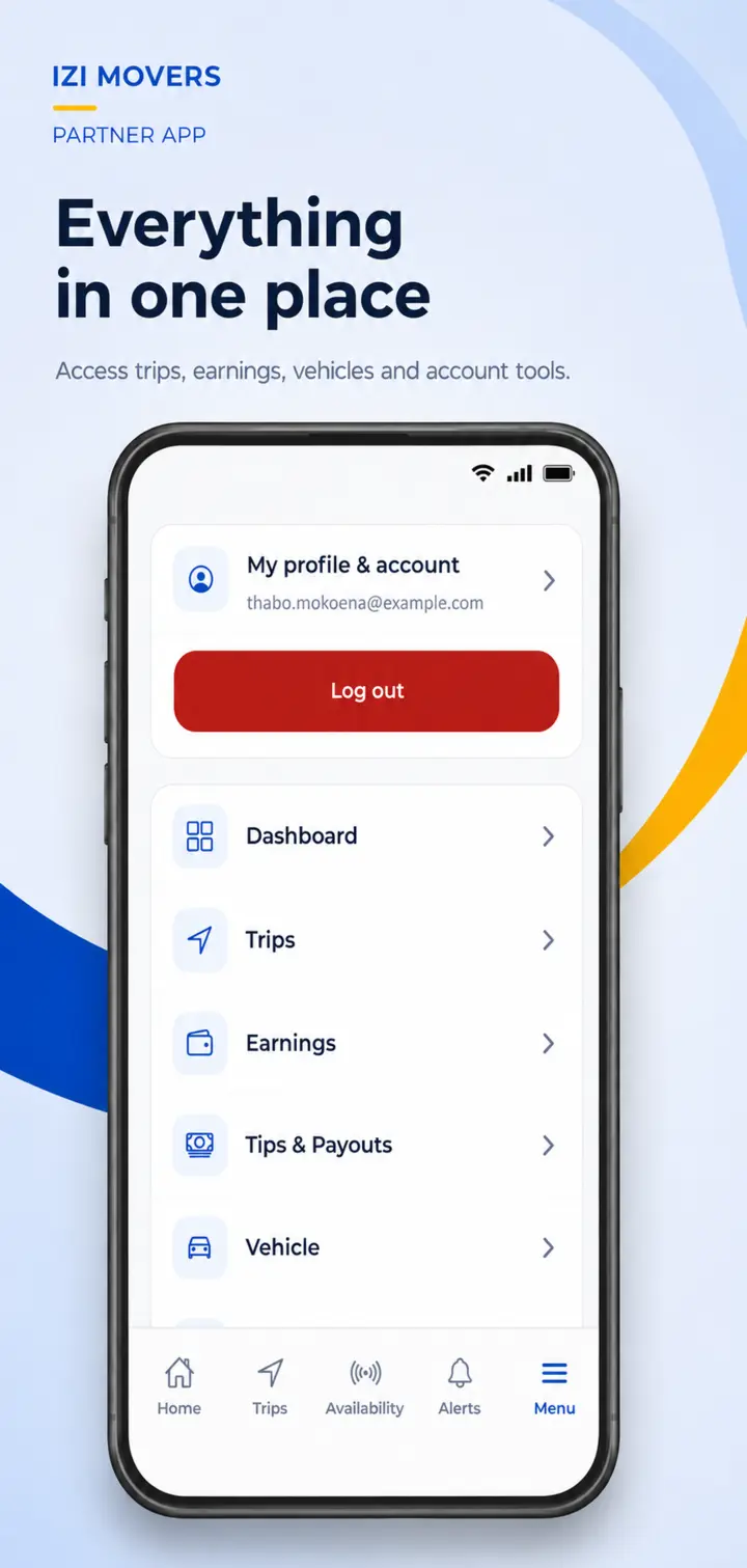 Izi Partner menu with trips, earnings, payouts, vehicles and account tools