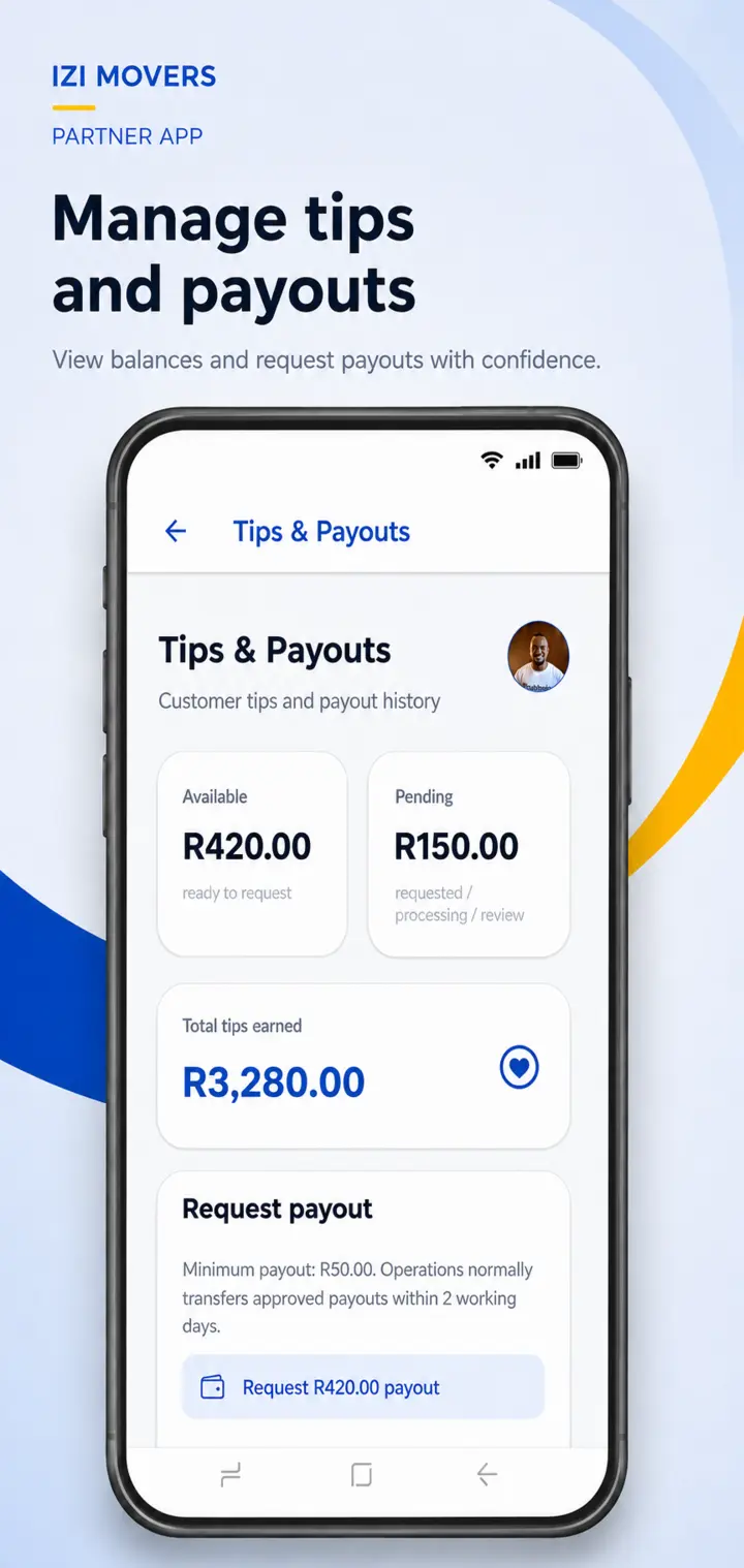 Izi Partner tips and payouts screen