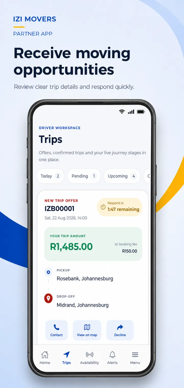 Izi Partner app showing a trip offer with route, response time and transparent amounts