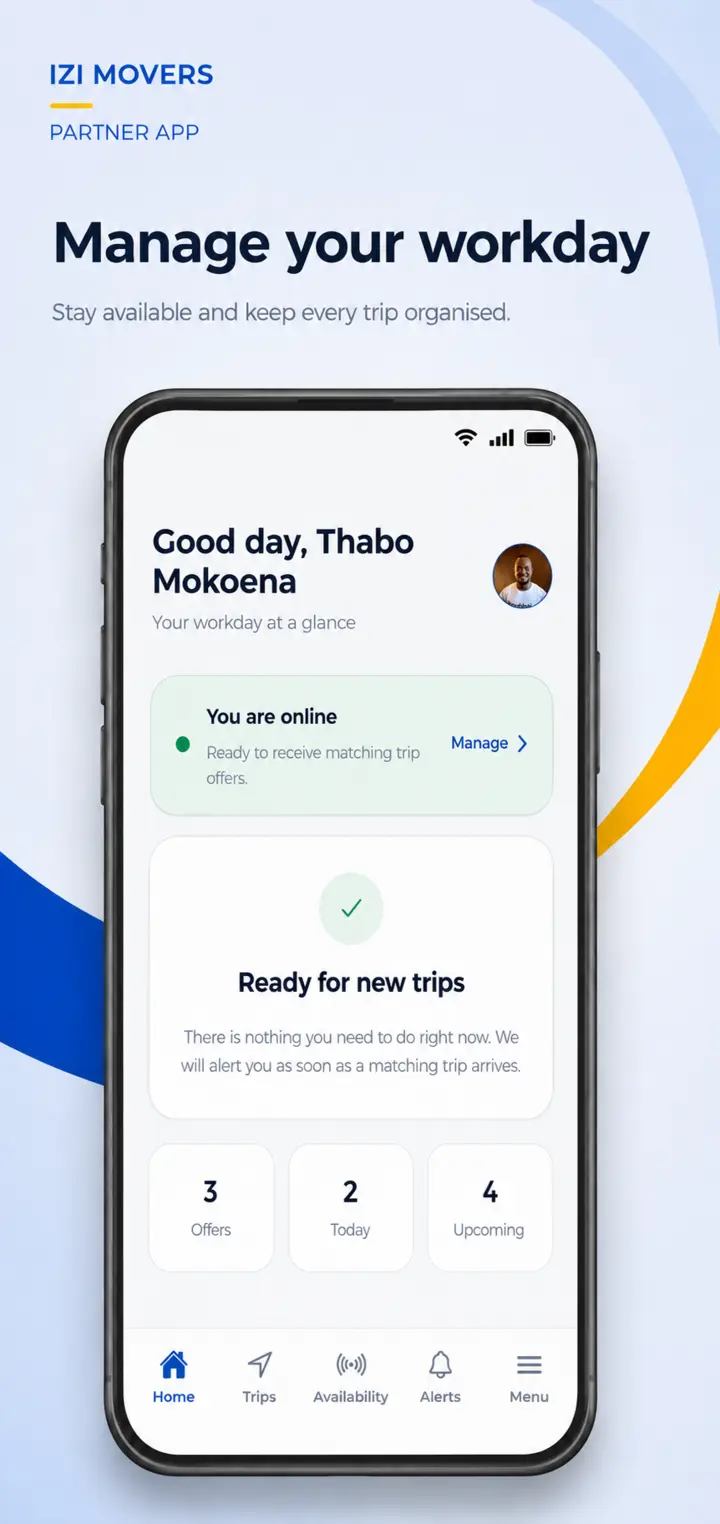 Izi Partner home screen showing online availability and upcoming work