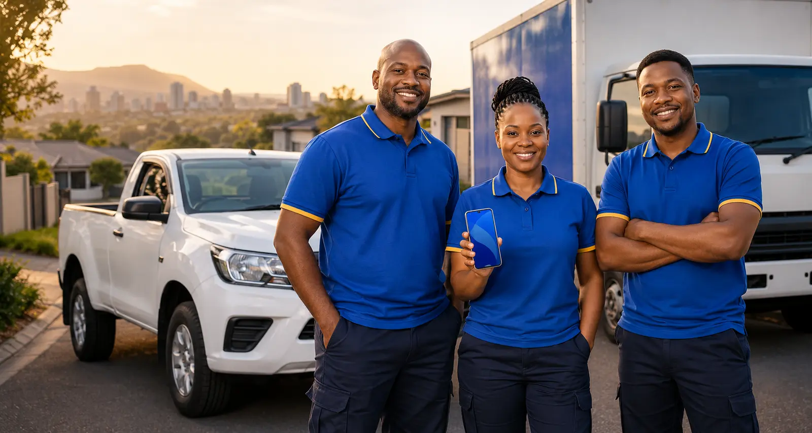 Professional South African moving partners standing beside a bakkie and moving truck